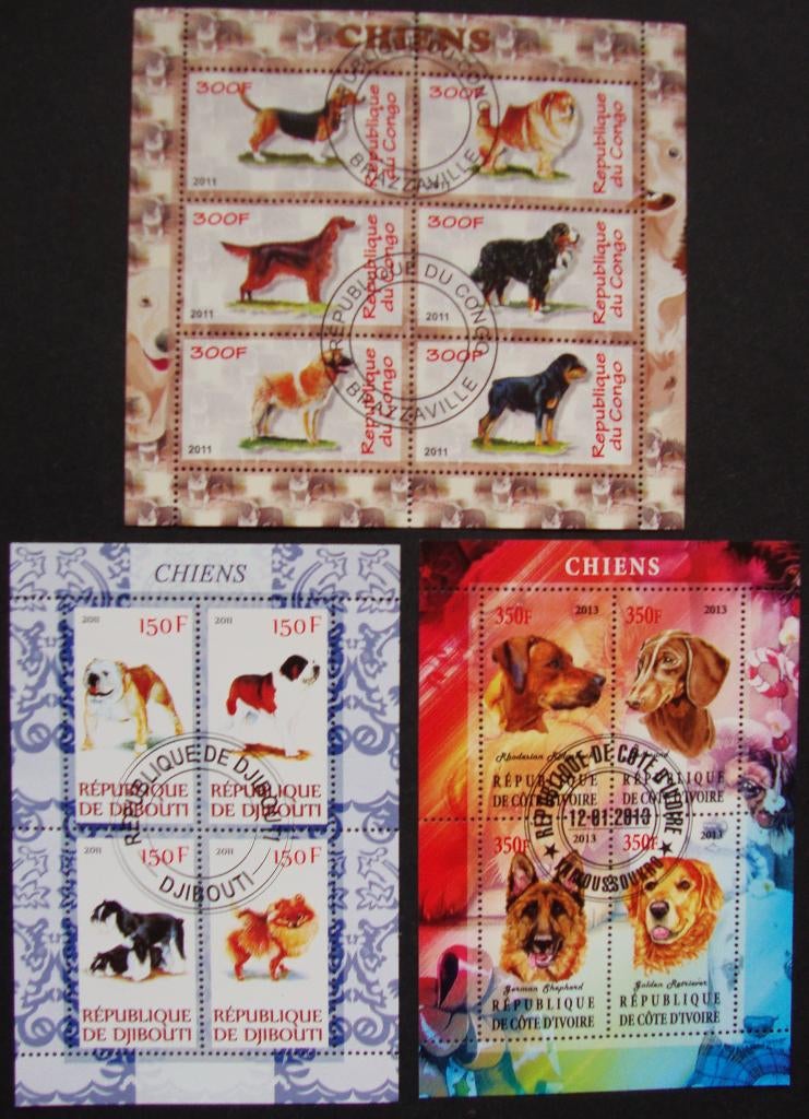 - 766 - 3 Blokjes met 14 versch. Honden., Verzenden, Gestempeld, Dier of Natuur