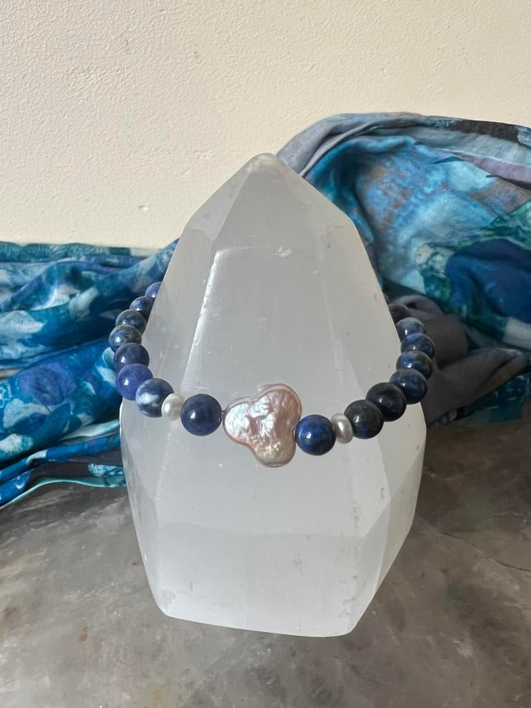 Lapis lazuli parel zoetwater beschermt aura intuïtie, Met bedels of kralen, Blauw, Nieuw, Ophalen of Verzenden