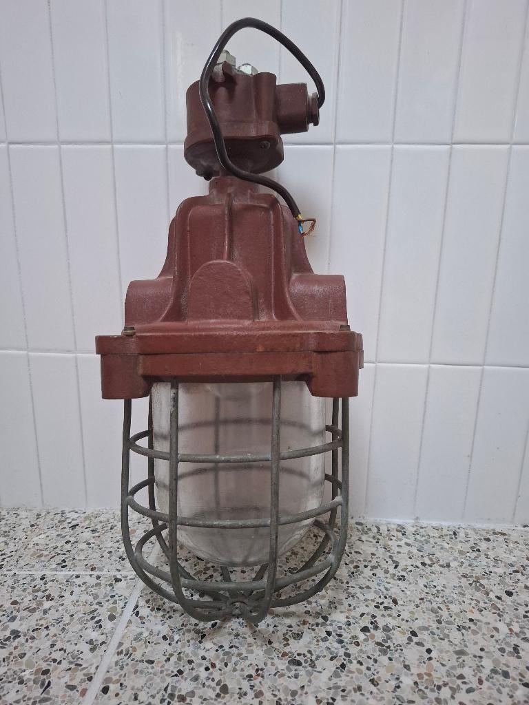 Industriële vintage bully bunker kooilamp, Huis en Inrichting, Gebruikt, Ophalen of Verzenden, Glas, Minder dan 50 cm