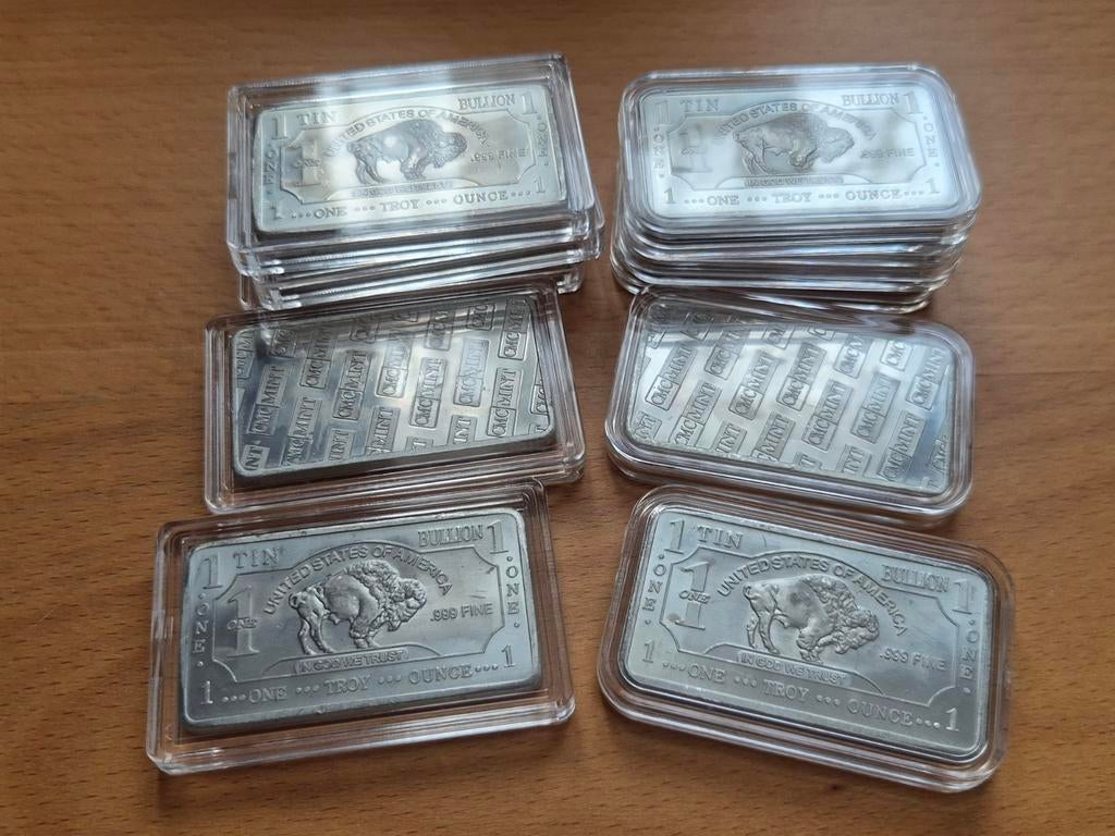 1 oz USA Buffalo Tin Bar. Puur Tin. Tinnen Baar., Ophalen of Verzenden, Zilver