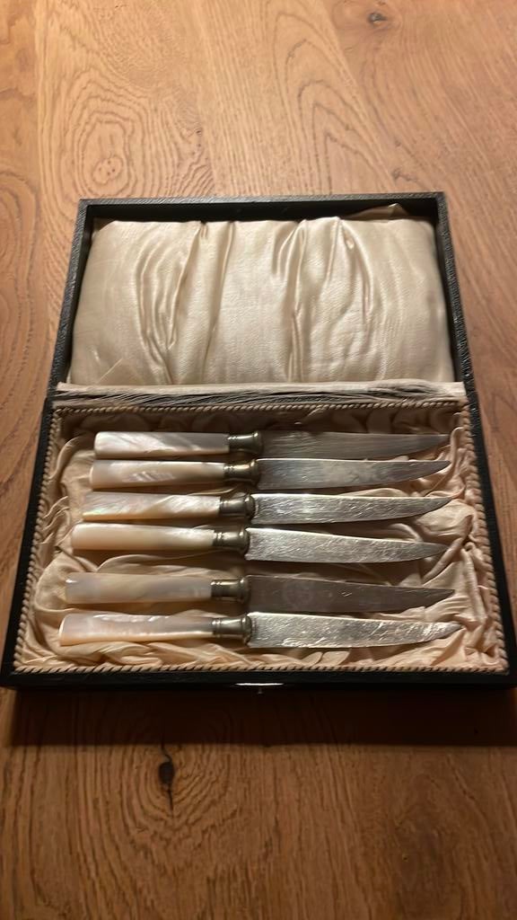 Antieke fruitmesjes met parelmoeren handvat in doos, Antiek en Kunst, Antiek | Bestek, Ophalen of Verzenden