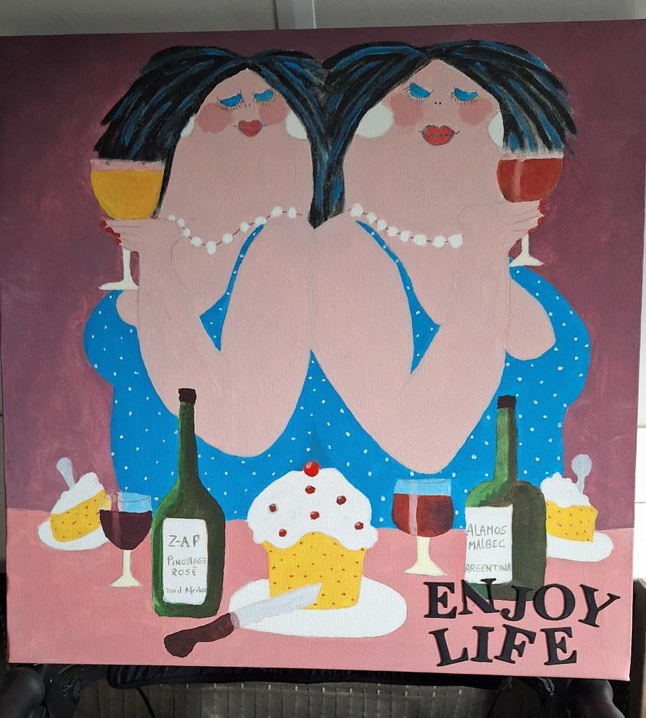 Schilderij 'Enjoy Life' met 2 vrouwen en wijn, dikke dames, Ophalen of Verzenden