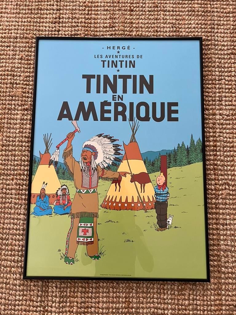 Kuifje poster in lijst - Tintin en Amérique 51x71 cm, Ophalen, Met lijst, A1 t/m A3, Overige onderwerpen