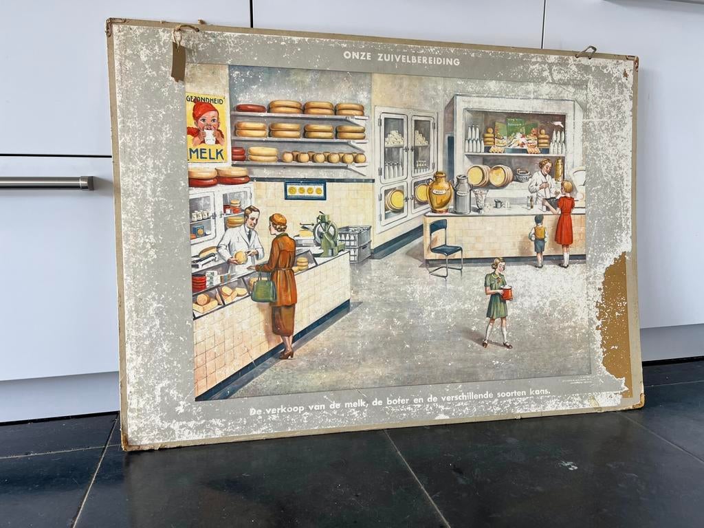 OUDE SCHOOLPLAAT “ZUIVELBEREIDING “, Antiek en Kunst, Antiek | Schoolplaten, Ophalen