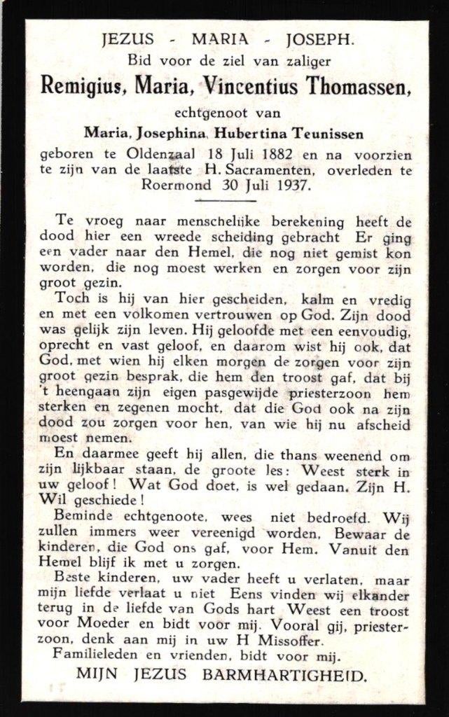 Thomassen Remigius M.V. Oldenzaal 1882-1937 Roermond, Verzamelen, Bidprentjes en Rouwkaarten, Ophalen of Verzenden