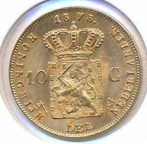 Nederland gouden tientje 1875 Willem 3 (met volle 7), Ophalen of Verzenden, Goud