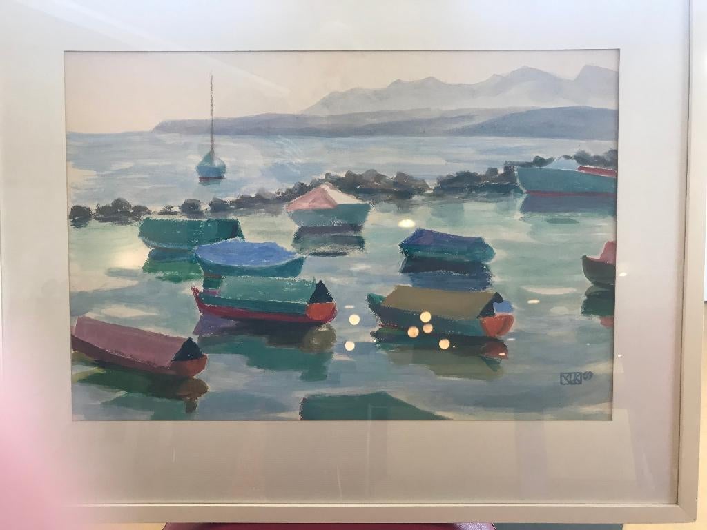 aquarel jaren 60 maritiem mid century design haven gezicht, Ophalen of Verzenden