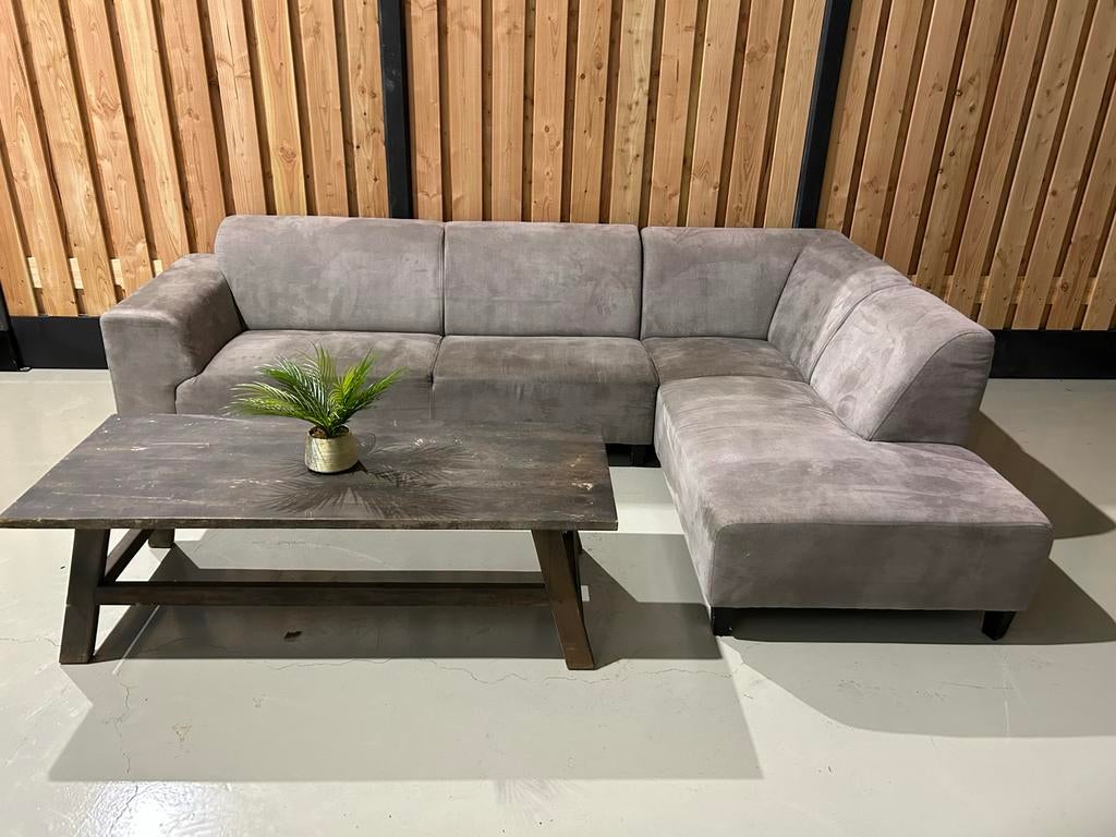 Grijze microleder hoekbank - Zo goed als nieuw!, 250 tot 300 cm, 125 tot 150 cm, ., Hoekbank