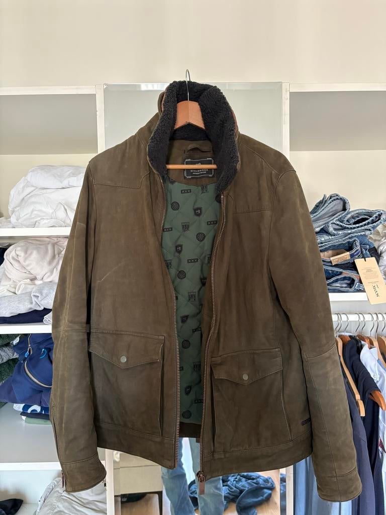 Scotch & Soda Suede Jas - Vintage Olijfgroen Leer, Ophalen of Verzenden, Zo goed als nieuw, Maat 38/40 (M), Groen