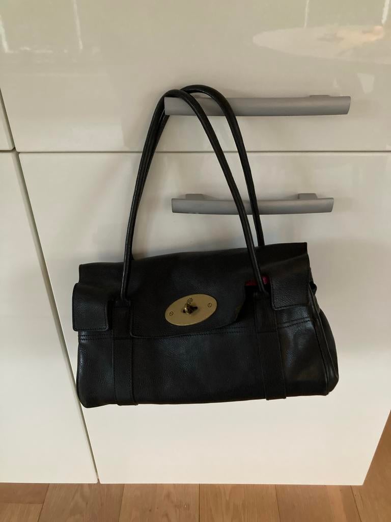 Vintage Mulberry Bayswater Handtas Zwart Leer Groene Voering, Ophalen of Verzenden, Gebruikt, Zwart, Handtas