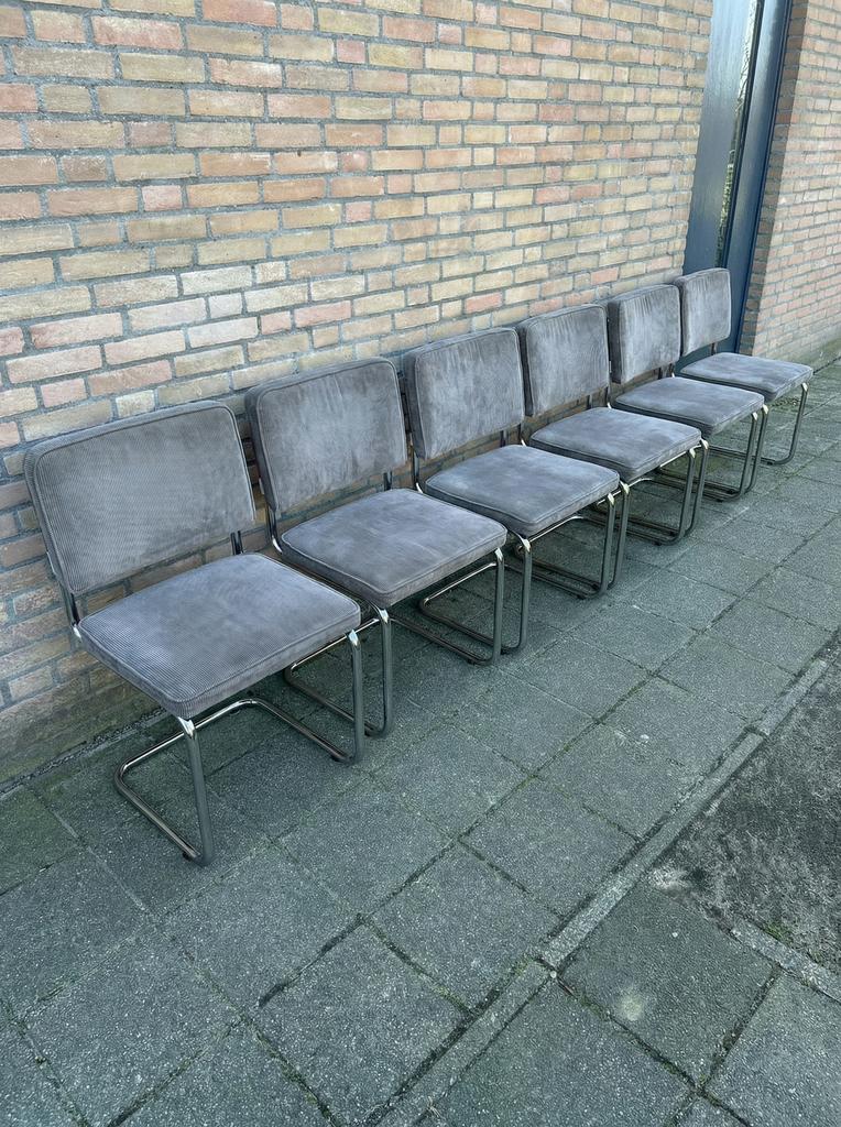 6 Zuiver Rige Rib Stoelen met Chrome Buisframe, Gebruikt, Bruin, Ophalen of Verzenden, Stof