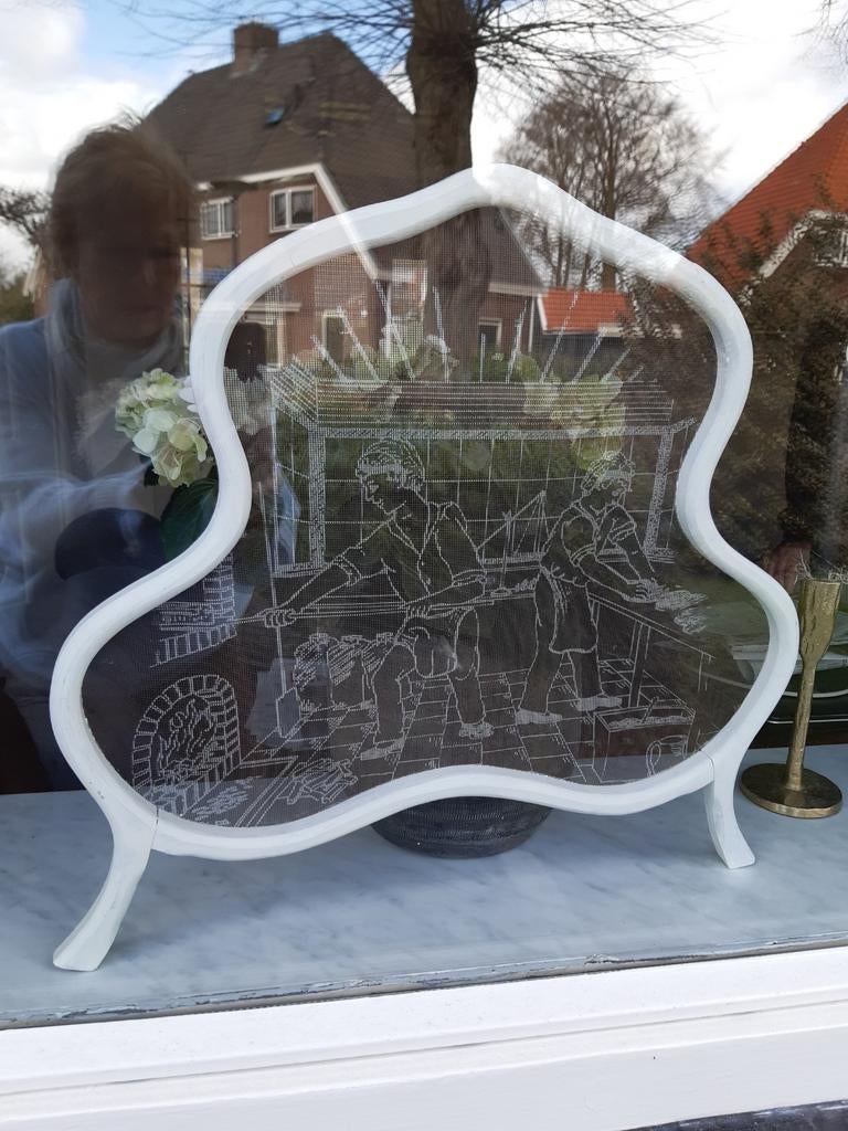 Brocante raamhor wit geborduurd., Ophalen