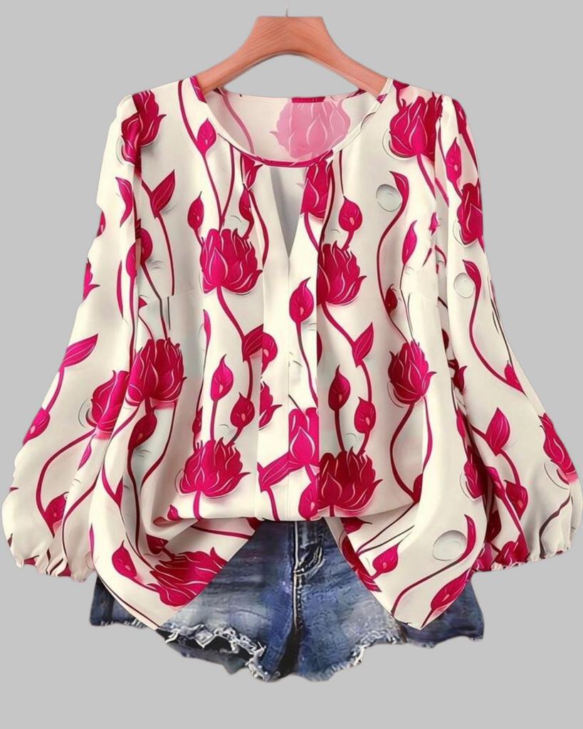 Elegante blouse met bloemenprint en pofmouwen (44-52), Verzenden, Nieuw, Roze, Blouse of Tuniek