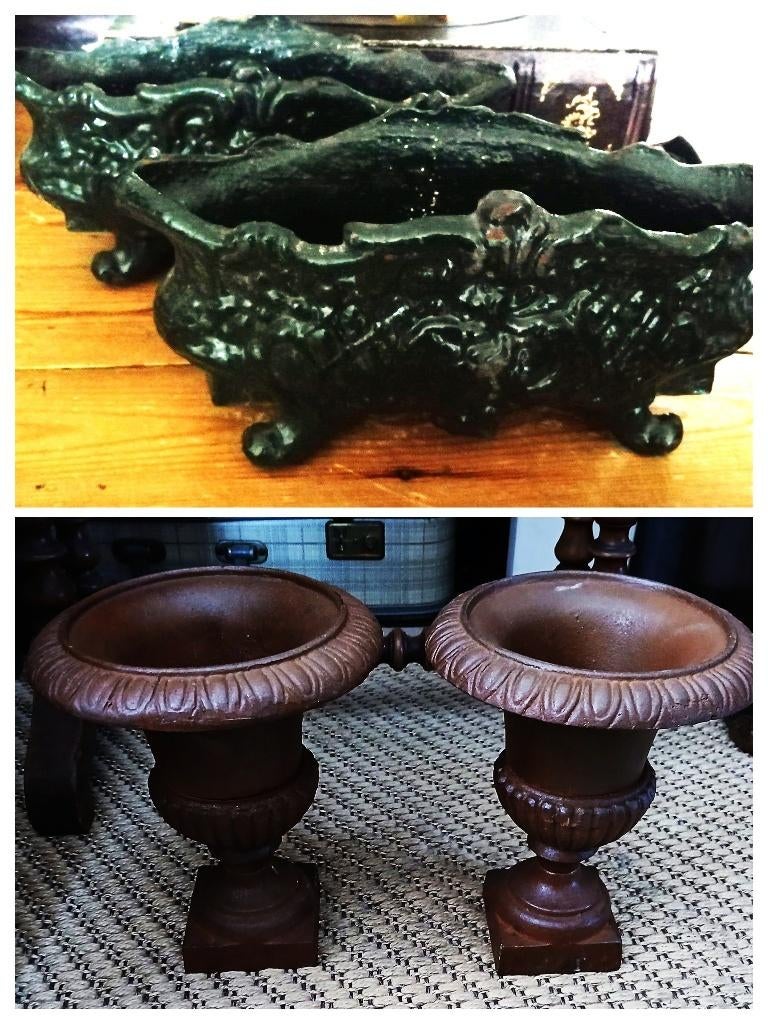 Gietijzeren 2x jardiniere groen en 2x louvre vazen gietijzer, Ophalen of Verzenden