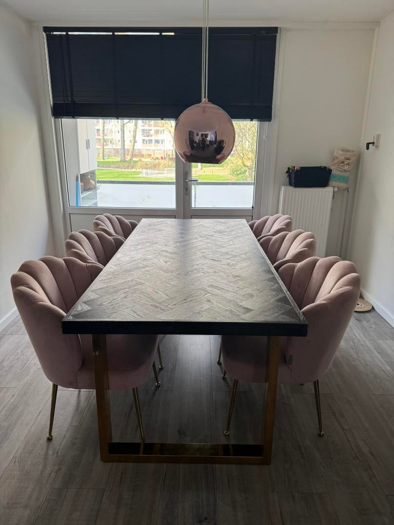 Luxe Richmond Blackbone Eettafel 220x100 –Zwart Eiken & Goud, Ophalen, Zo goed als nieuw, Rechthoekig, 200 cm of meer