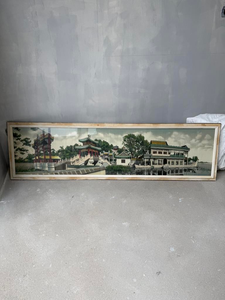 Vintage Chinese Textile Marble Boat Scene wall art piece, Ophalen