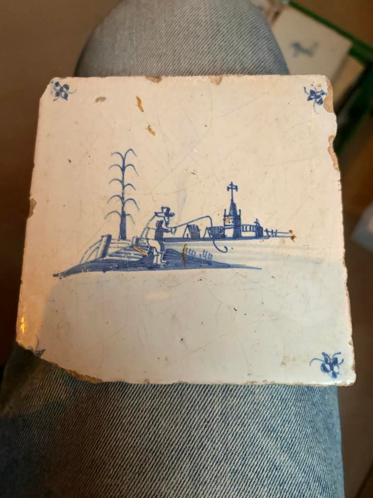 Antieke Delfts Blauwe Tegel met Landschap, Antiek en Kunst, Antiek | Wandborden en Tegels, Ophalen of Verzenden