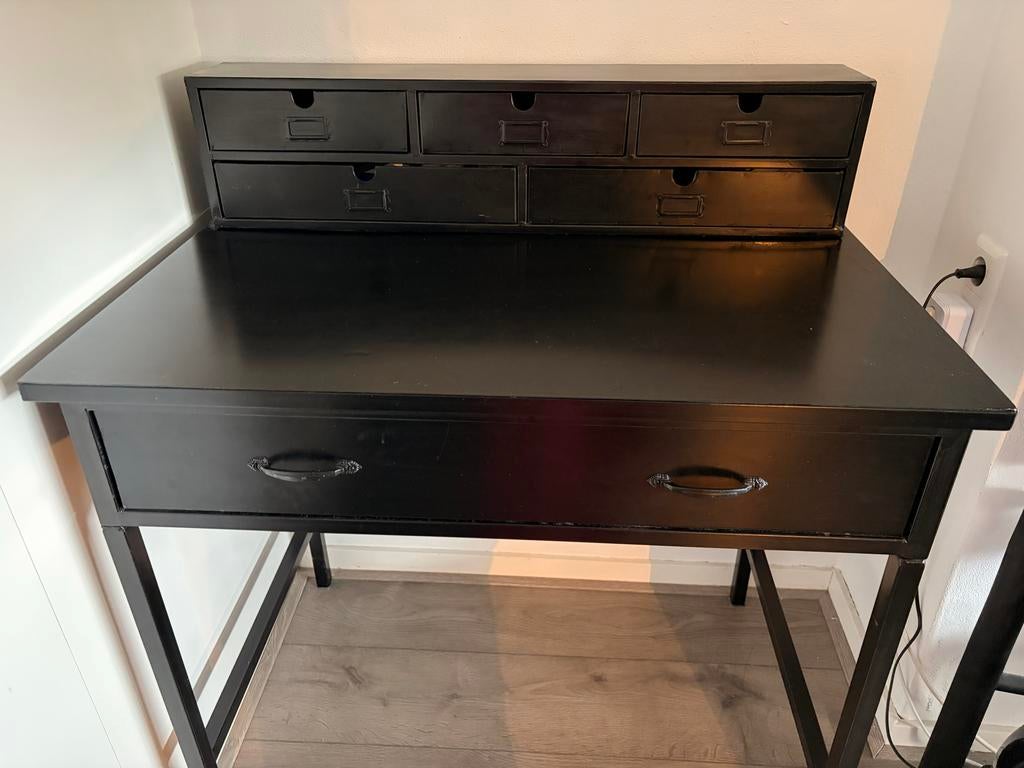 Zwart bureau met lades en metalen frame, Huis en Inrichting, Ophalen, Gebruikt, Met lades, Metaal