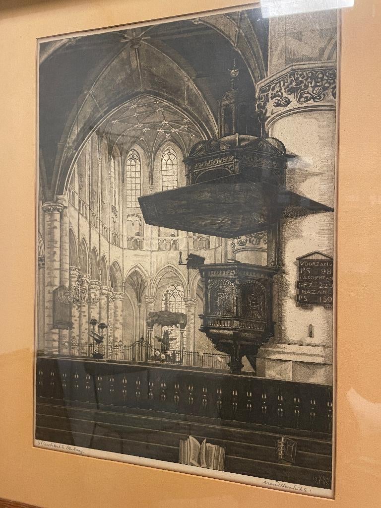 Interieur St. Jacobskerk Den Haag ets van Arend Hendriks, Antiek en Kunst, Kunst | Etsen en Gravures, Ophalen of Verzenden