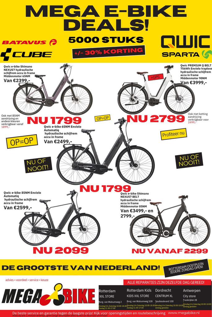 Waanzinnige kortingen op Qwic Ebikes bij Mega Bike, Fietsen en Brommers, Elektrische fietsen, Ophalen, Nieuw, 50 km per accu of meer