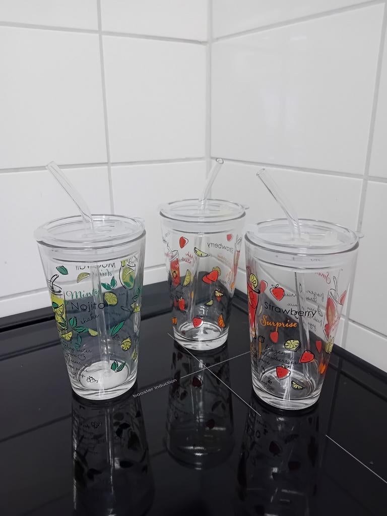 Glazen Smoothie Bekers met Rietjes - Set van 3, Ophalen, Zo goed als nieuw