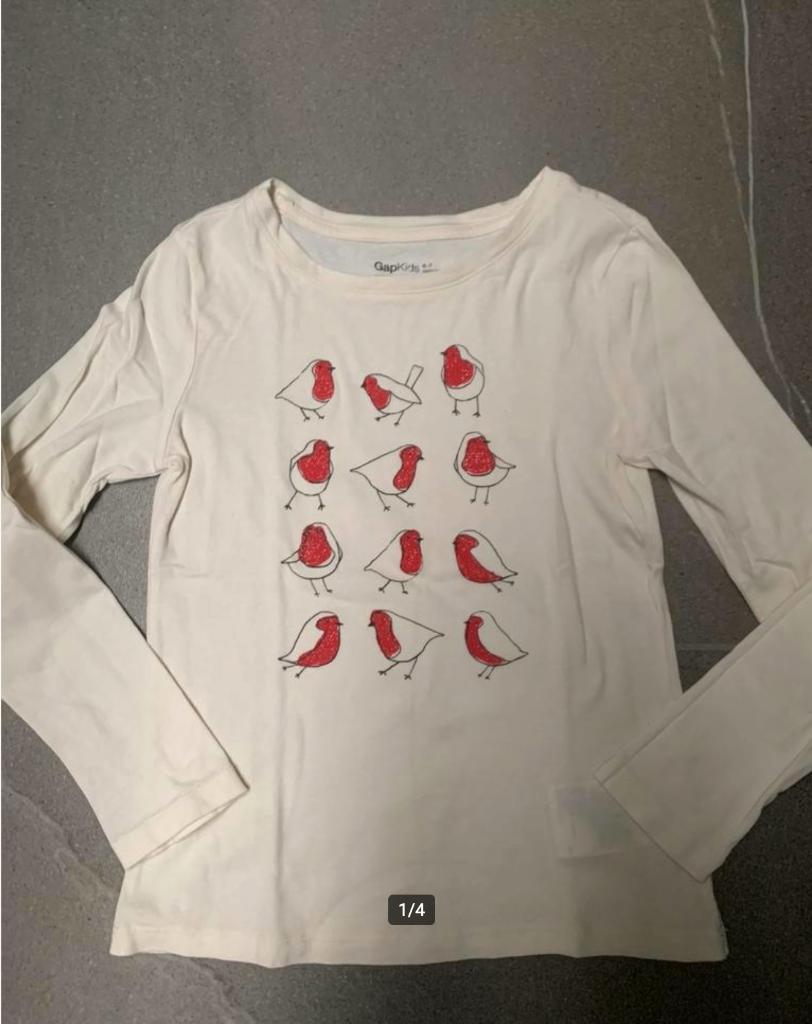 GAP | Longsleeve crèmewit met roodborstjes | 6-7 jr, 116-122, Kinderen en Baby's, Meisje, Ophalen of Verzenden, Zo goed als nieuw