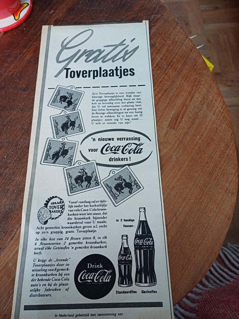 Advertentie Coca Cola gratis toverplaatjes 2 1958, Ophalen of Verzenden, Zo goed als nieuw, Overige typen