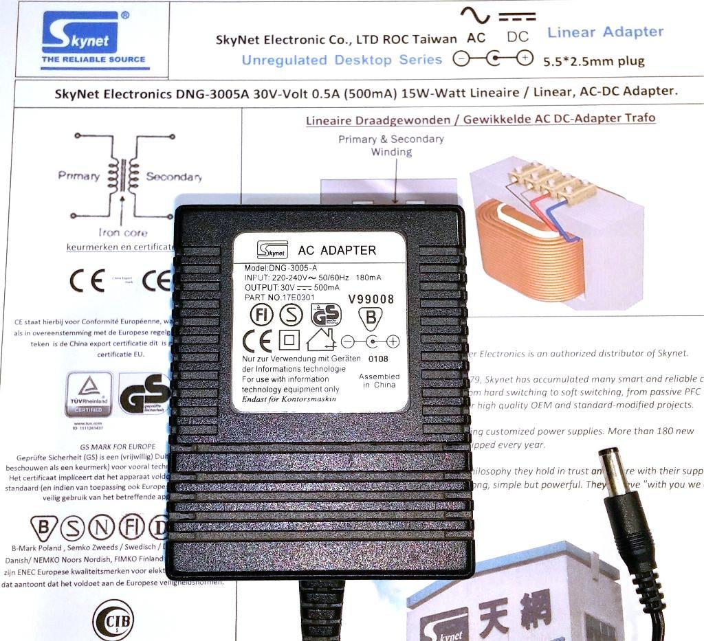 SkyNet DNG-3005A 30V 0.5A 15W Lineaire AC Adapter 2.5x5.5mm