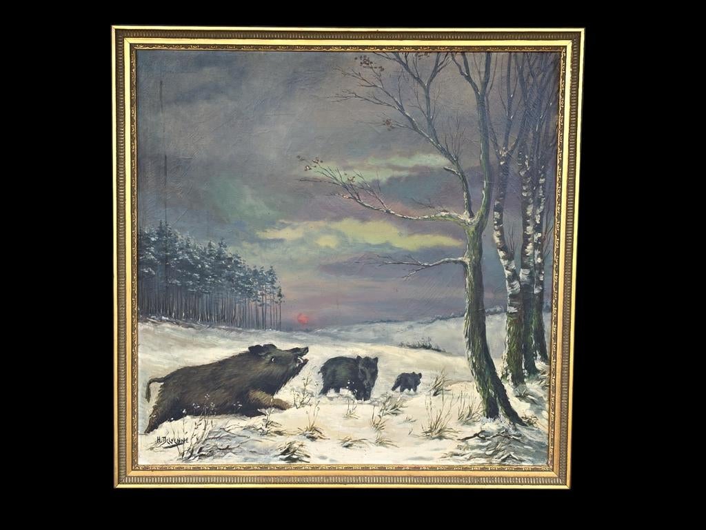 Schilderij met wilde zwijnen in winterlandschap, Ophalen of Verzenden