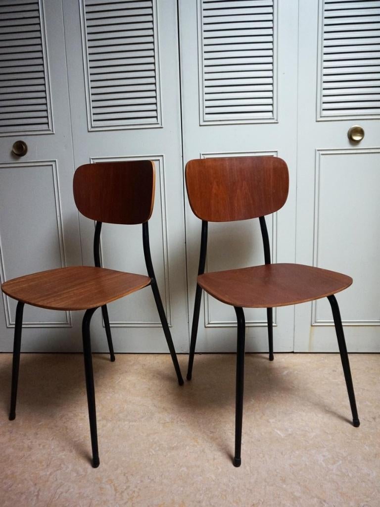 Set van 2 Vintage teak plywood stoelen, jaren 60, Ophalen, Gebruikt, Twee, Bruin