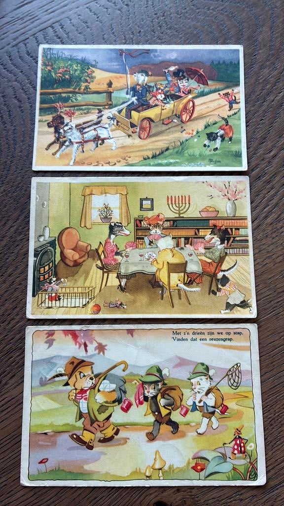 Dierenfantasie. Poezen,honden.Aan tafel,wandelen,hondenkar, Ophalen of Verzenden, 1940 tot 1960, Gelopen, Overige thema's