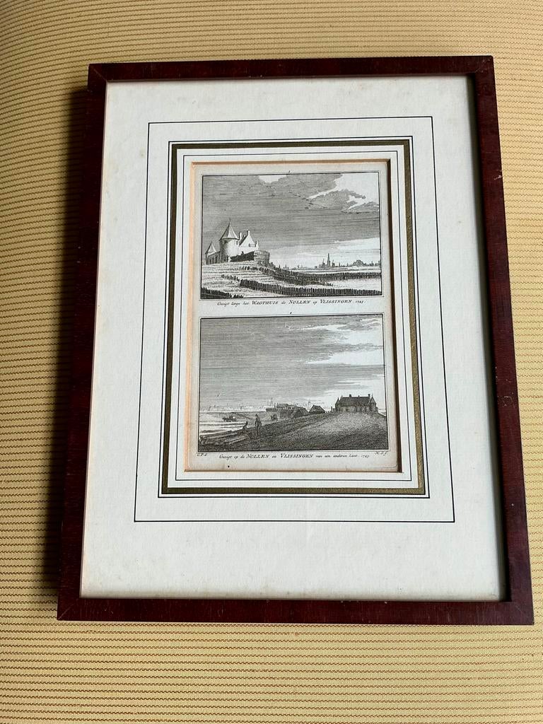 Antieke Gravure: Gezichten op de Nollen en Vlissingen (1743), Stadsgezicht, Ophalen of Verzenden, Gravure, Origineel