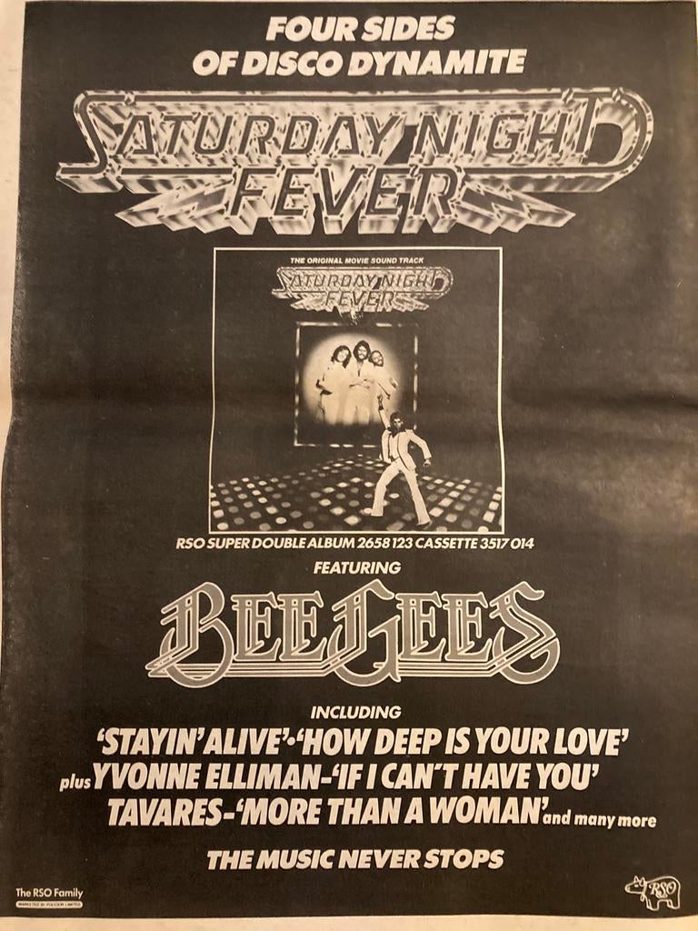 Paginagrote A3 advertentie BEE GEES Saturday Night Fever rel, Cd's en Dvd's, Vinyl | Pop, Ophalen of Verzenden