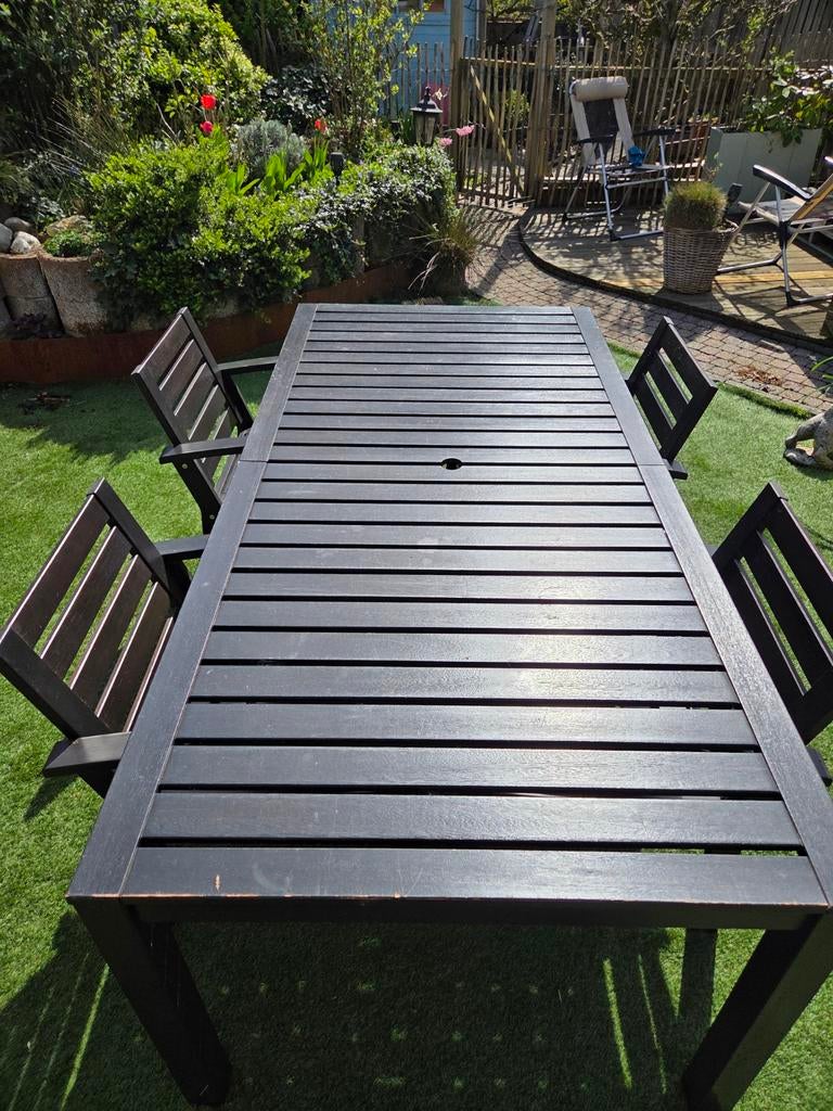 Zwarte houten tuintafel met 4 stoelen, Tuin en Terras, Tuintafels, Ophalen, Gebruikt, Rechthoekig, Hout