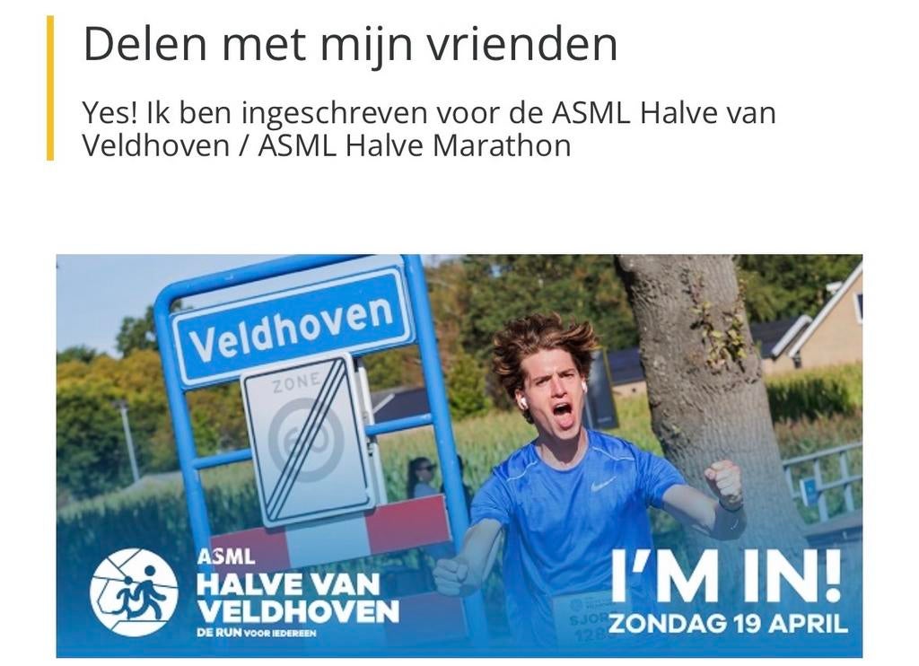 Startbewijs Halve Marathon Veldhoven, Eén persoon, April