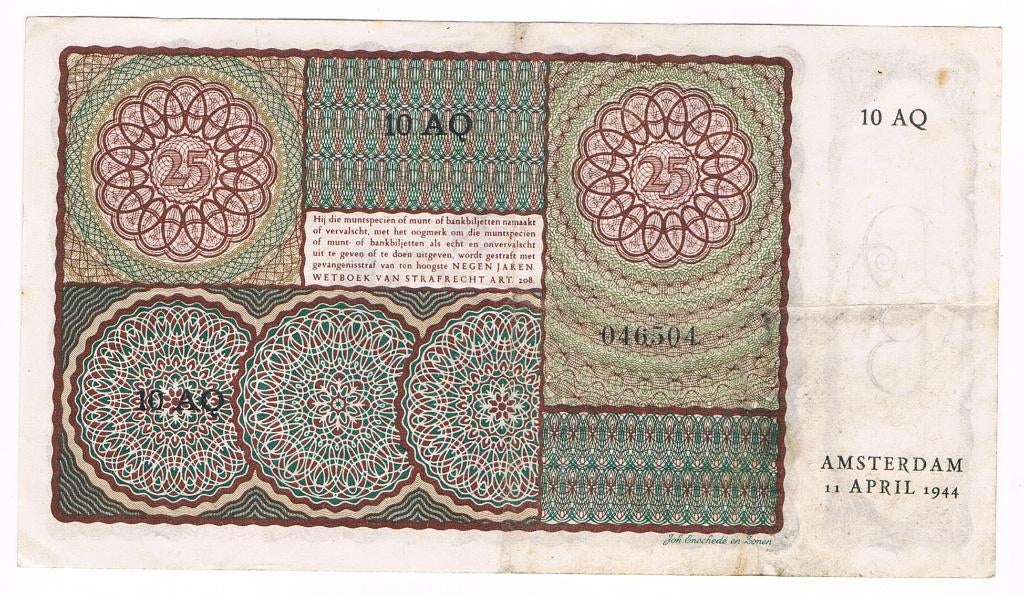 25 gulden 11 april 1944 Prinsesje, Postzegels en Munten, Bankbiljetten | Nederland, Ophalen of Verzenden, 25 gulden, Los biljet