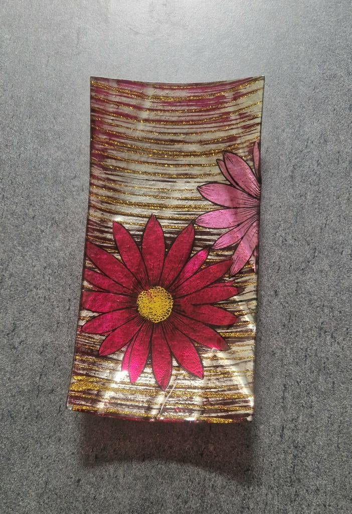 Prachtig glazen schaaltje fuchsia en roze, 30x15 cm, Schaal, Ophalen of Verzenden, Rechthoekig, Glas