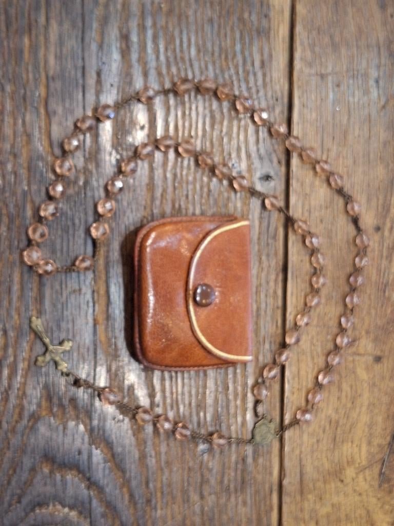 oude roze halfedelstenen paternoster met zakje, begin 1900, Ophalen of Verzenden