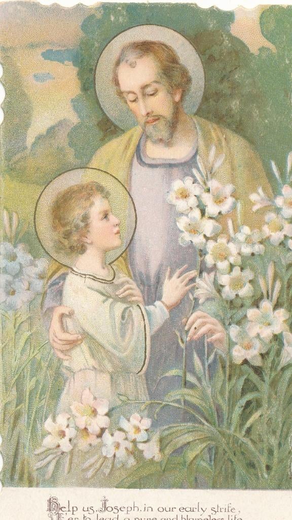Mooi oud prentje  H. Joseph met Kind achter geschreven gebed, Ophalen of Verzenden, Zo goed als nieuw, Kaart of Prent, Christendom | Katholiek