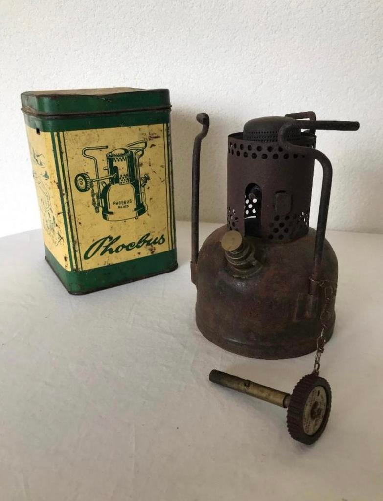 Vintage Phoebus 625 Primus Petroleumbrander + bewaarblik, Ophalen of Verzenden