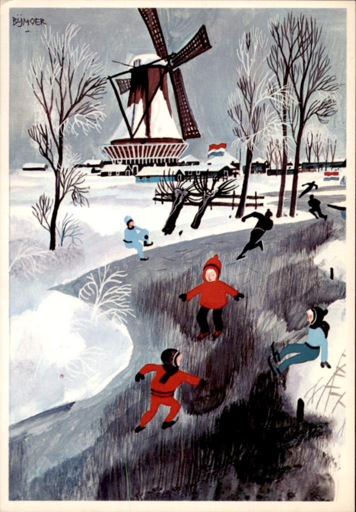 Voor het kind, zeven  schaatsers bij molen, Wim Bijmoer, Verzenden, 1960 tot 1980, Ongelopen, Feest(dag)