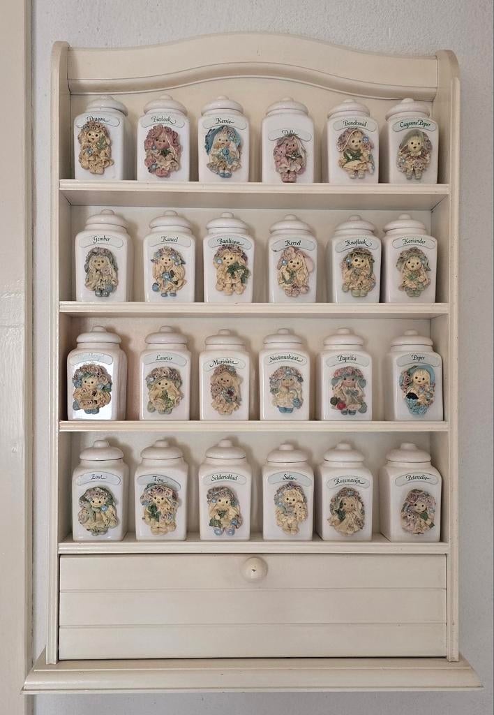 Crèmekleurig Houten Kruidenrek met 24 Porseleinen Potjes, Huis en Inrichting, Ophalen of Verzenden, Gebruikt