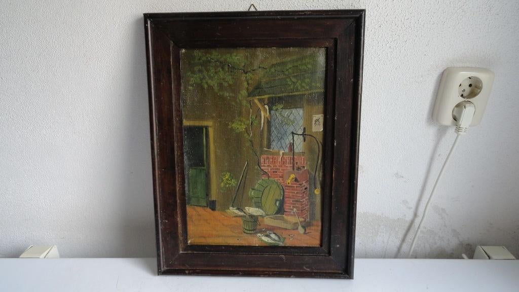 Schilderij, buitentafereeltje bij waterpomp met wastobbe, Ophalen of Verzenden