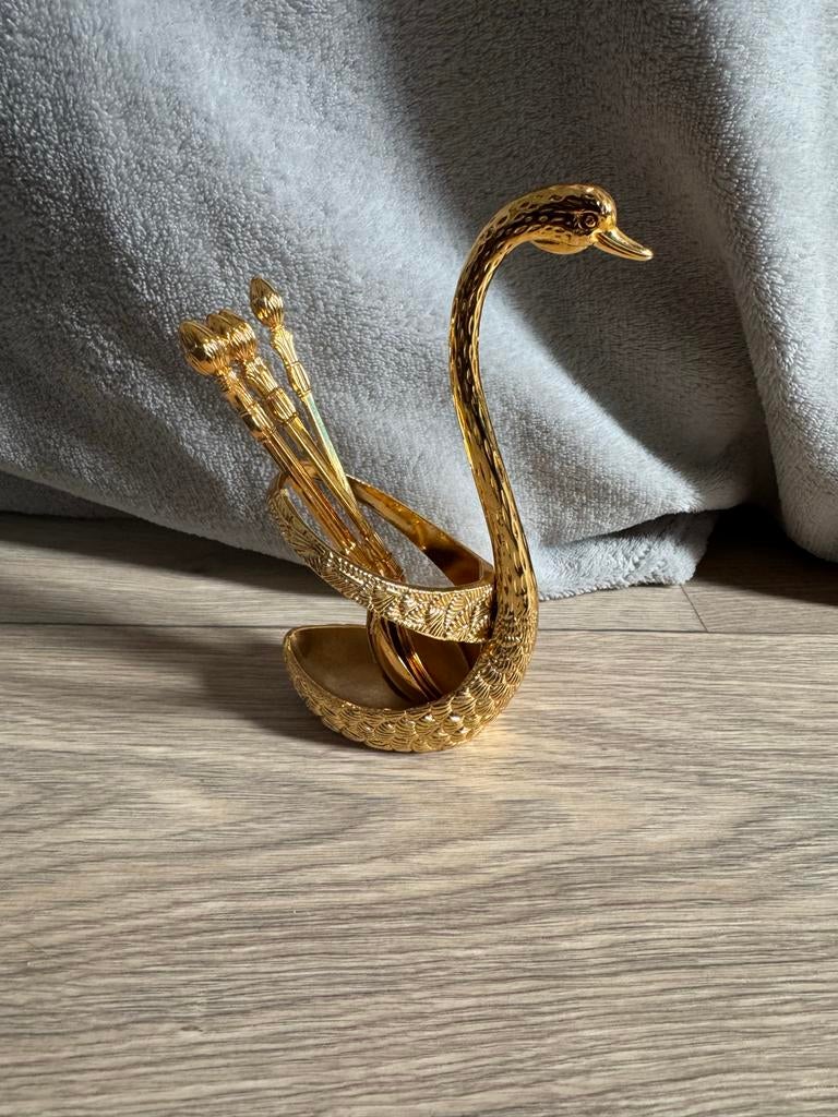 Gouden zwaan lepelhouder met 6 lepeltjes, Ophalen of Verzenden