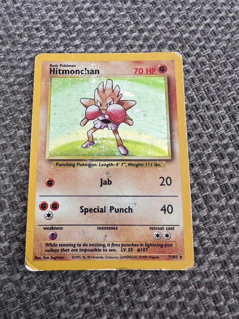 Hitmonchan holo kaart 7/102 1995, Ophalen of Verzenden, Gebruikt, Losse kaart, Foil