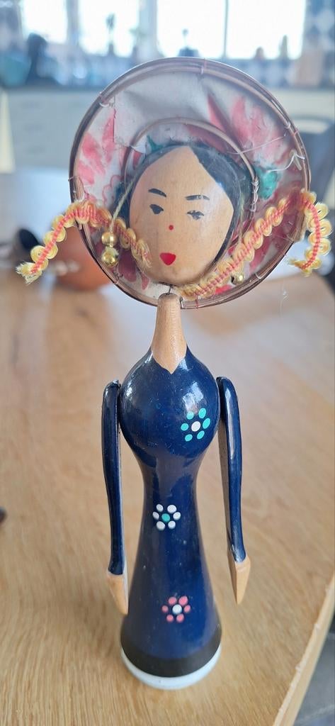 Houten Japanse pop met hoed, Ophalen of Verzenden