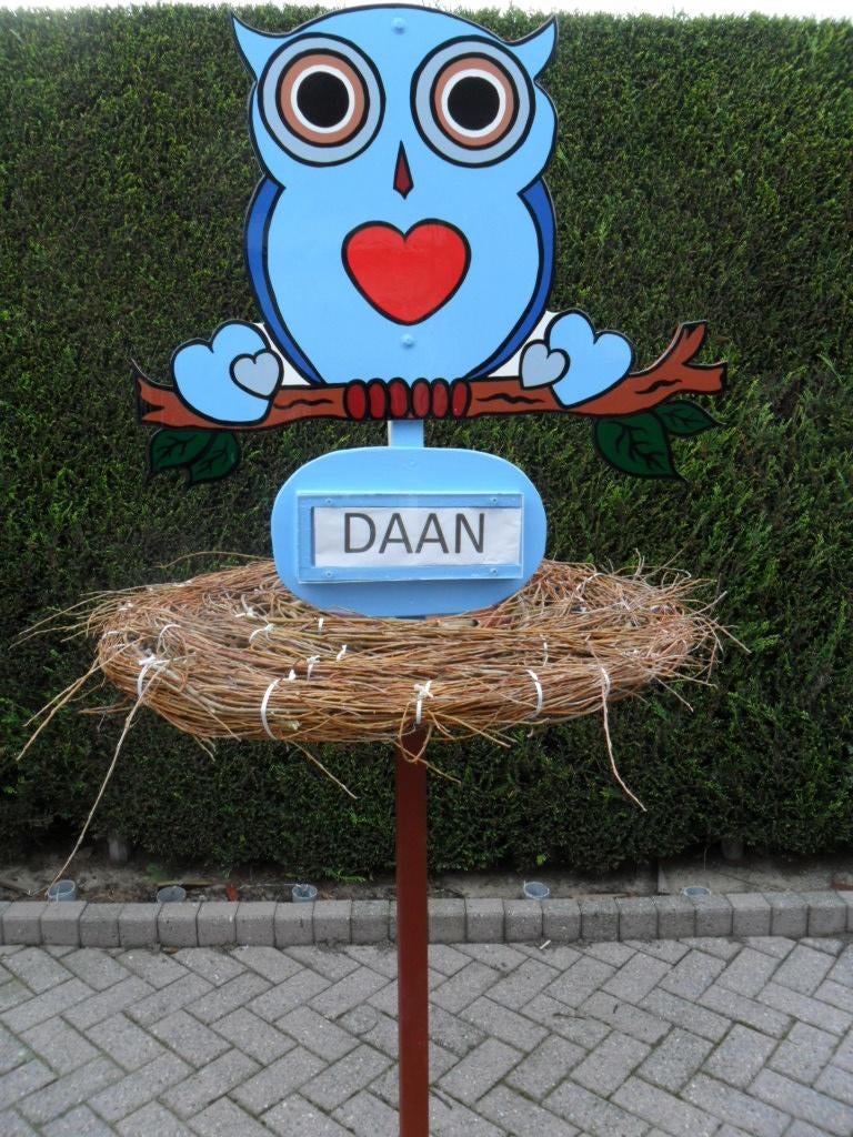 Geboorteborden, geboortebord blauw uil op echt nest., Kinderen en Baby's, Ophalen, Nieuw, Geboortebord