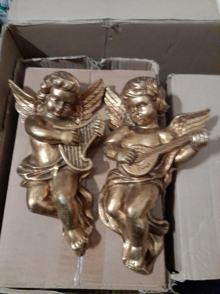 2 Vergulde Putti Engeltjes om op te hangen, Antiek en Kunst, Ophalen of Verzenden