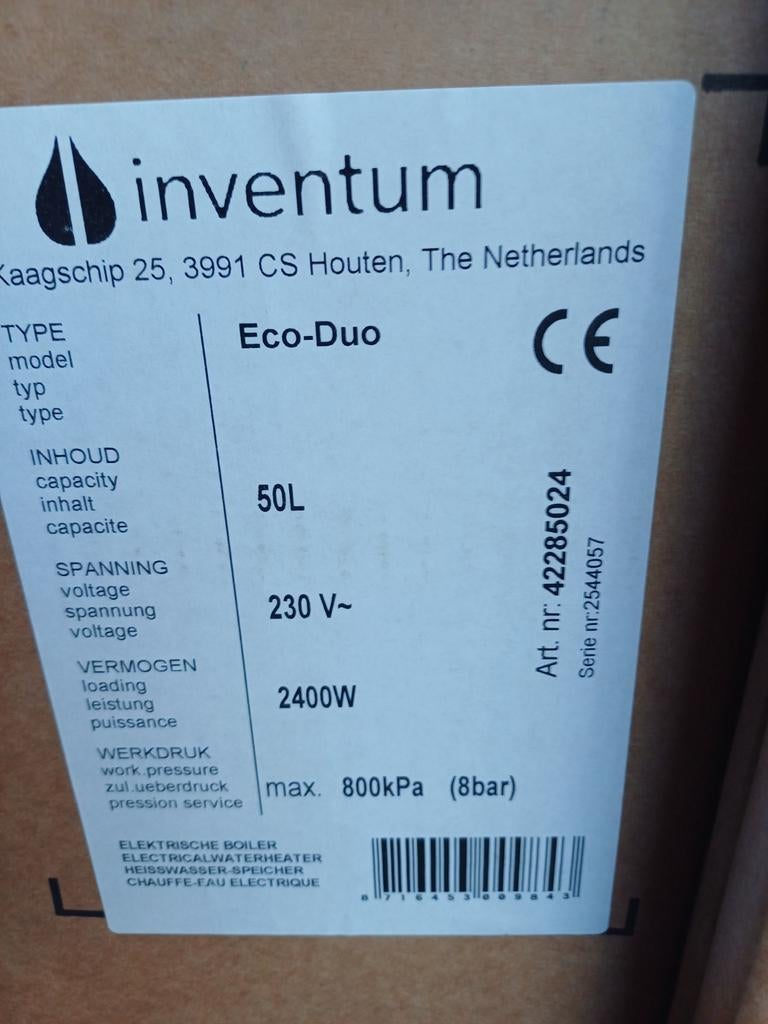Inventum Eco Duo 50 liter boiler 2400W, Ophalen