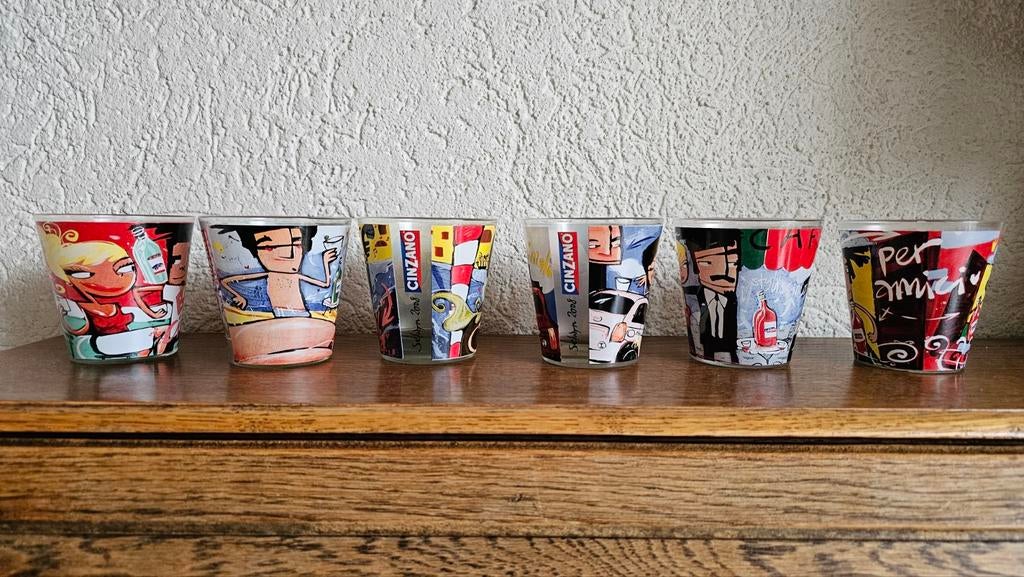 6 Cinzano glazen 2008 met unieke prints - Nieuwstaat, Ophalen of Verzenden, Nieuw